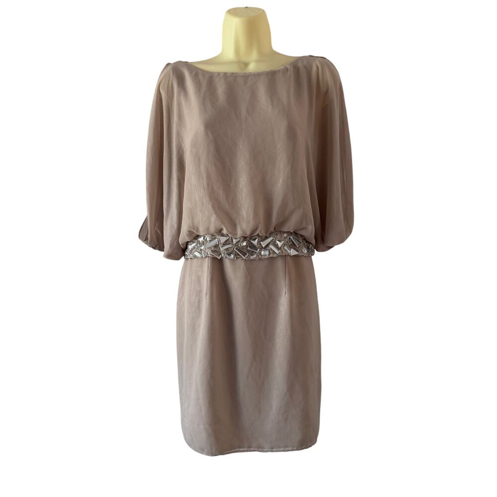 Bisou Bisou Beige Shimmer Chiffon Dress Womans Size 10 Jewel Embellished Party